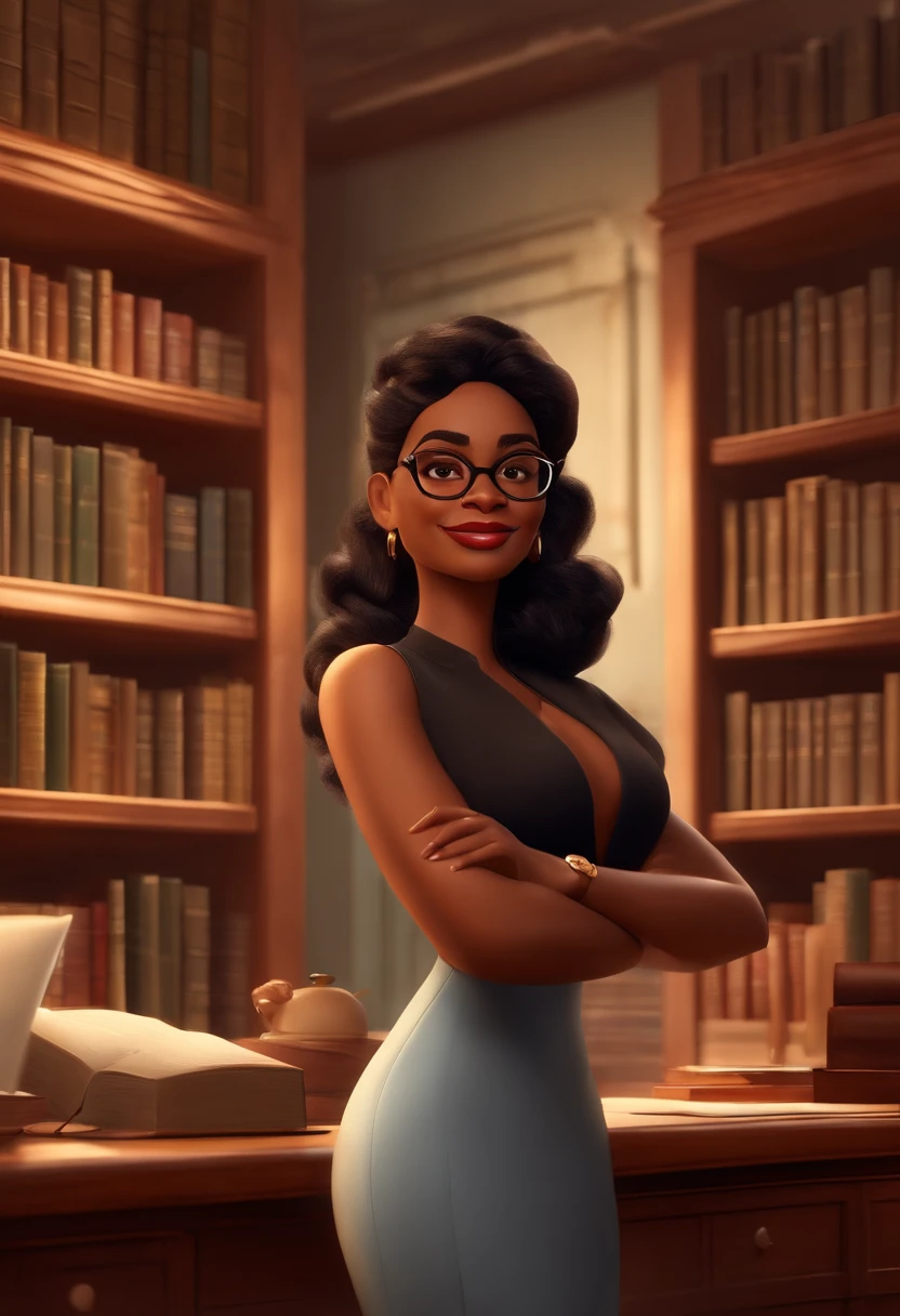Pixar style image with 3D character, a light black woman with glasses and a dress outfit, she is a lawyer and is well dressed in the background, a law office with bookshelf and books with depth, bem bonito faca os ajustes que julgar necessario para melhor estetica ela tem cabelo cacheado medio volume cachos soltos castanhos mulher empoderada, Anos Imane, andrea rocha, inspired by Antonín Chittussi, Ameera africana Al Taweel, Magalie Villeneuve, imagem profissional, simone graci, imagem profissional, imagem de perfil, imagem de alta qualidade, Alanis Guillen, inspirado em Araceli Gilbert Maquiagem Disney,Pescador, bonitinho, sorridente ,Close-up, Pixar, Disney, Cinema lighting,