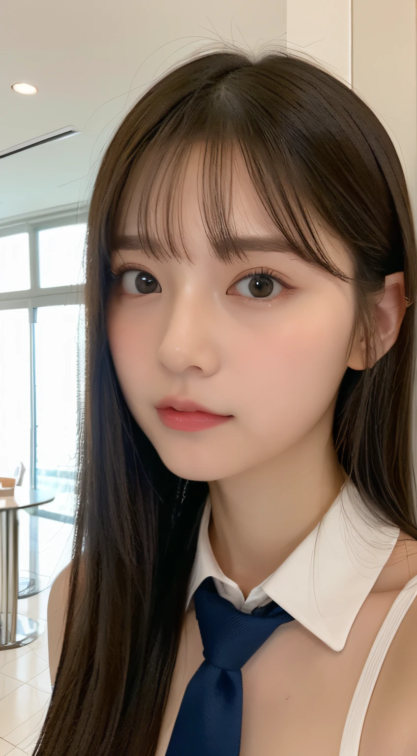 ((top-quality、8K、​masterpiece:1.5))、One girl、(Unhealthy face)、(Letter to)、Blunt bangs、(Lots of bangs:1.4)、(full body Esbian:1.4)、(Symmetrical face)、hyperdetailed face、Ultra detailed mouth、A detailed eye、Detailed ears、Slim Faces、(selfee:1.4)、(off shoulders)、(Armpit)、(Looking Up)、(From  above)、(Straight long hair、Ahoge:1.3)、(Upper Eyes)、the background is blurred、(neck tie:1.3)、lipgloss、(hotel entrance)、(natural soft light:1.3)、