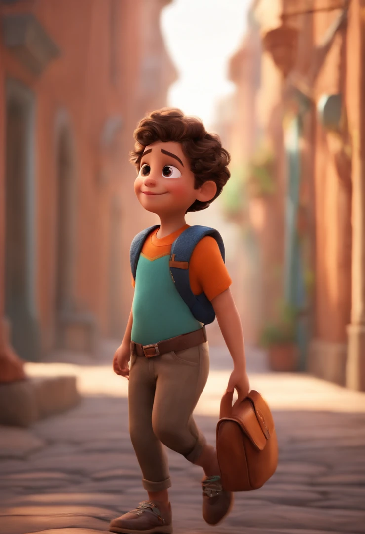 Image of a boy for a story in a YouTube video in Pixar format, He's the little allabester, He's the class leader, He's outgoing, Playful and gets up for a lot of things, cabelo curto, escuro