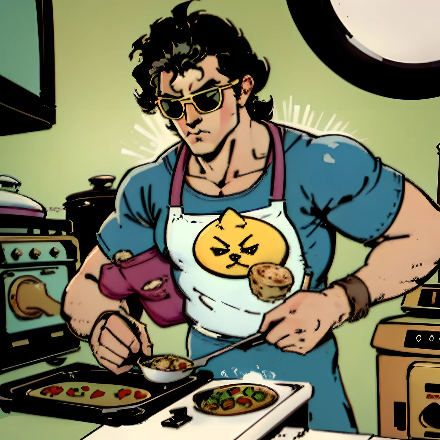 80s style dude wearing sunglasses, "letting it cook", brawl stars character, cartoon, flipping food in pan, 1 person only