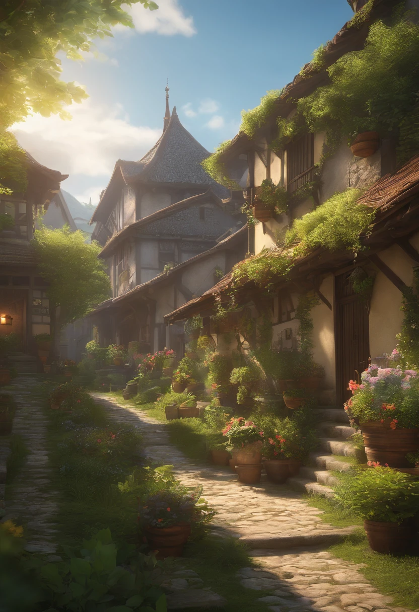 4k, Realistic, Very detailed, lente grande angular, Humid medieval city, vibrante, fantastic plants, uma casa grande, Estilo Makoto Shinkai, Fundo do anime, arte conceitual, (nenhum caractere aparecendo), realistic lighting, Epic composition, Difuso, (master part, best quality), super HD, 32k --v 6