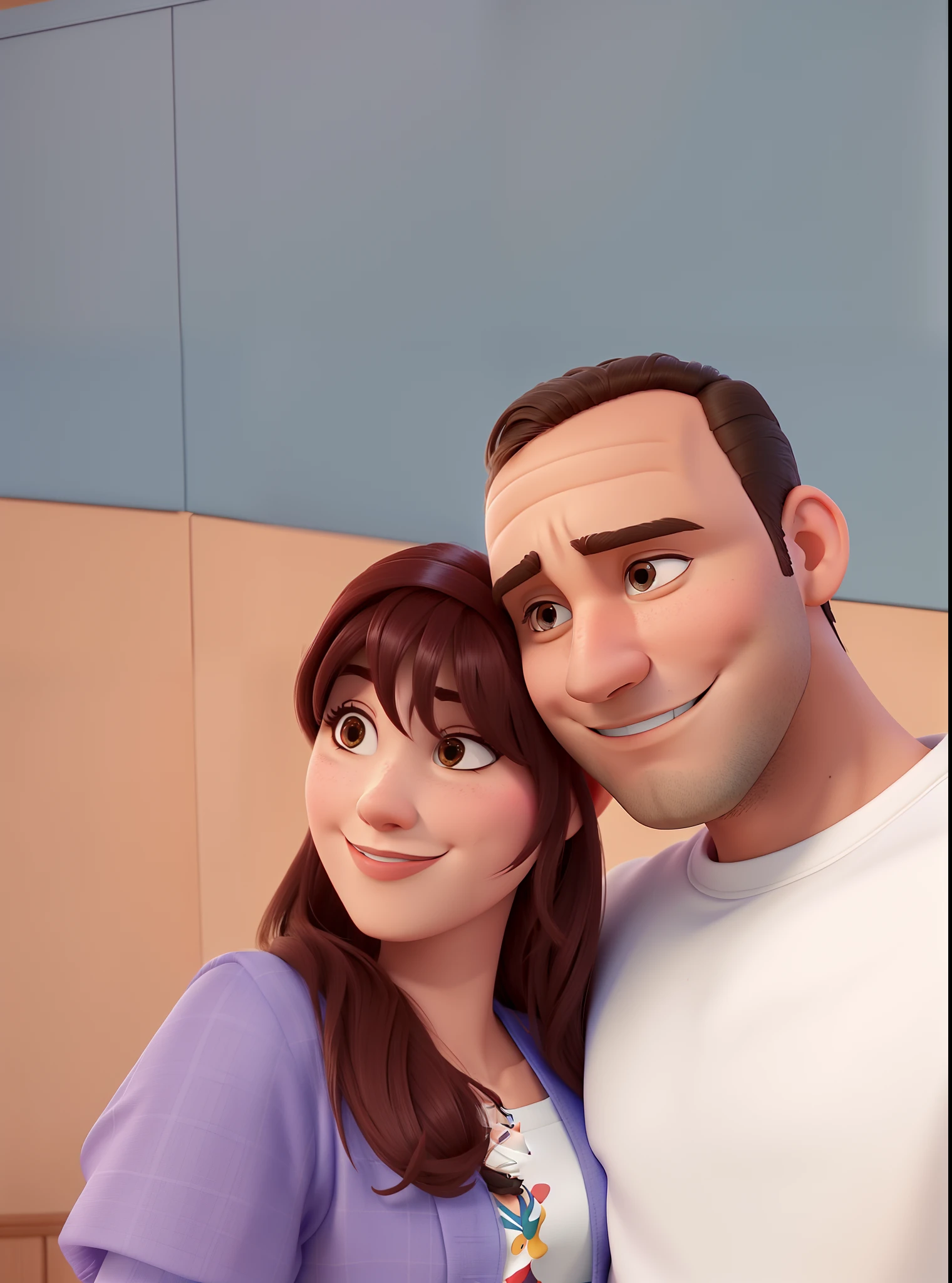 Casal (homem moreno e mulher branca) no estilo Disney Pixar, alta qualidade, melhor qualidade.