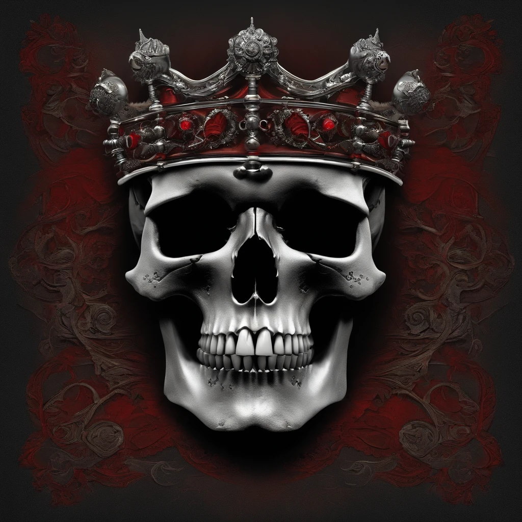 a skull with bullets and a crown on it's head, highly detailed dark art, fantasy skull, dark but detailed digital art, adorned with demon skulls, skull design for a rock band, heavy metal tshirt design, of spiked gears of war skulls, heavy metal art style, scary detailed art in color, metal skull with red eyes, brutal blooded symmetrical face