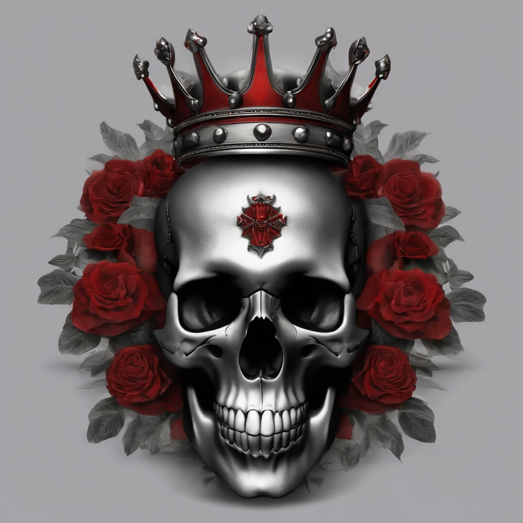 a skull with bullets and a crown on it's head, highly detailed dark art, fantasy skull, dark but detailed digital art, adorned with demon skulls, skull design for a rock band, heavy metal tshirt design, of spiked gears of war skulls, heavy metal art style, scary detailed art in color, metal skull with red eyes, brutal blooded symmetrical face