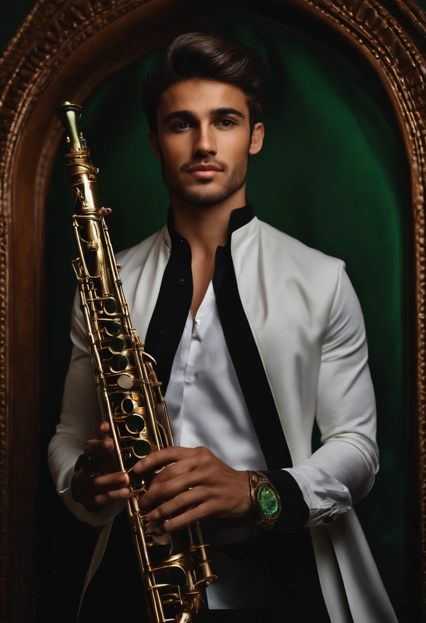 Homem,25 anos , loiro,branco , olhos verdes,terno preto , na igreja , Holding an Oboe