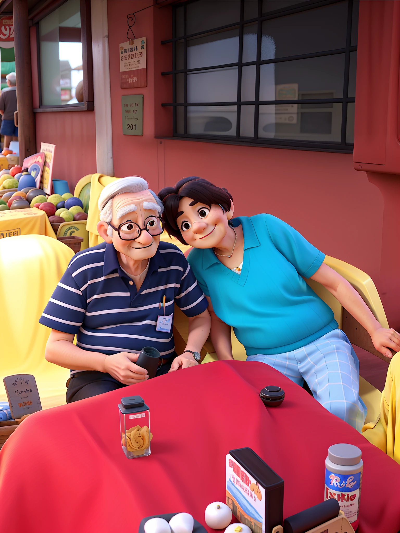 Elderly couple in a market sitting taking a romantic Pixar style photo 8k
