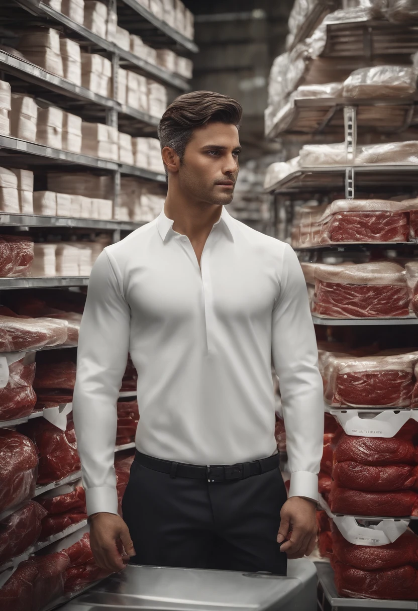 Tem um bonito com um rosto super detalhado, terno branco, cabelo preto curto, personagens super detalhados, In the warehouse, which is heaped with flesh, carne, carne fresca, altamente real, 4k, Chiaroscuro, Super alto detalhe