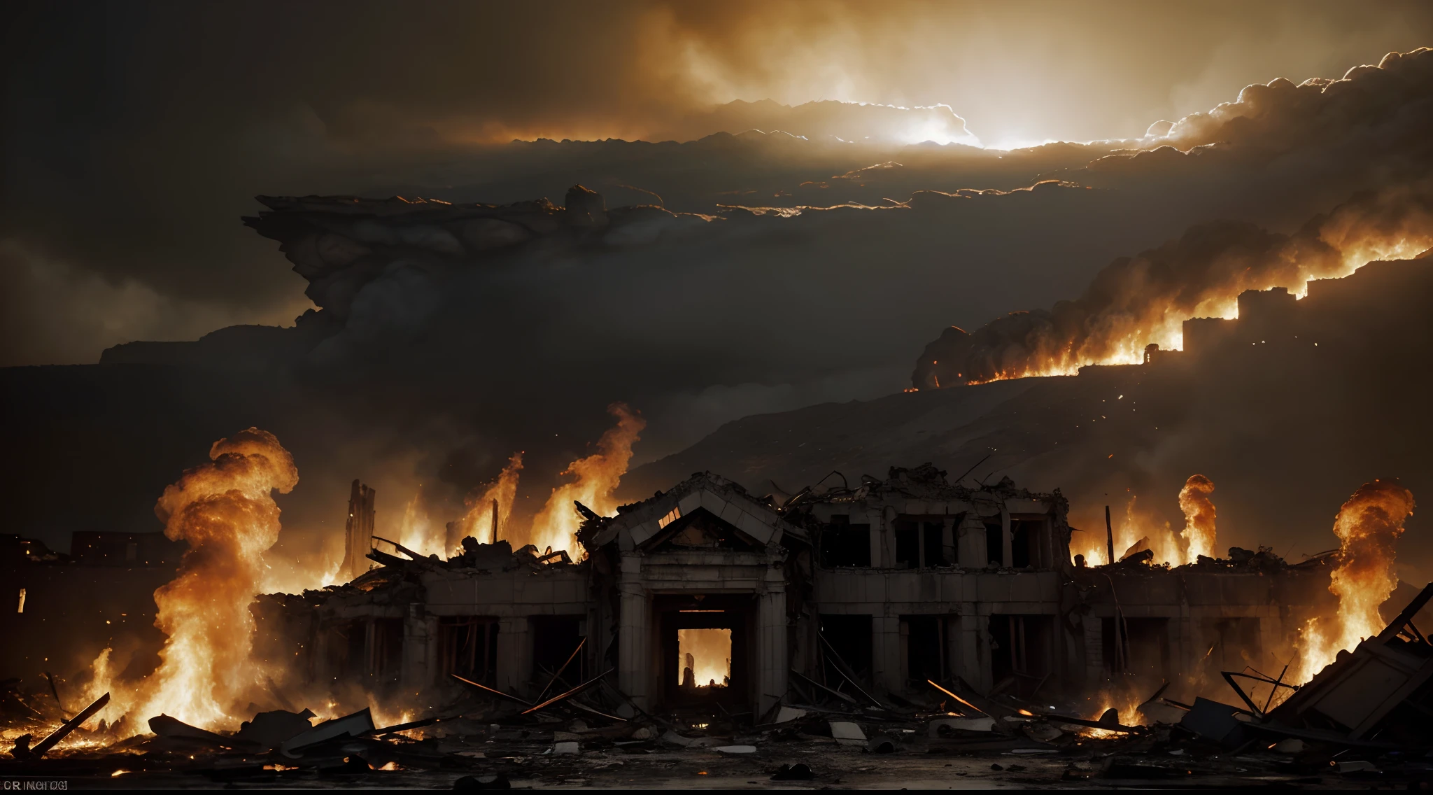 (best quality,4k,8k,highres,masterpiece:1.2),ultra-detailed,(realistic,photorealistic,photo-realistic:1.37),biblical era,biblical time,woman in a brown robe,looking back,city destroyed by fire,woman like Lot,scenic landscape,devastation,time of destruction,destruction caused by fire,burning buildings and structures,widespread flames and smoke,ashes and debris,ruins of civilization,ominous atmosphere,sorrow and despair,pale and dusty color palette,apocalyptic setting,wreckage and ruins,desolate city,grandiose and epic scenery,ancient ruins and architecture,massive destruction,mourning and reflection,overwhelmed by destruction,sense of loss and devastation,overwhelming flames and fire,marveling at the destruction,feeling a mix of fear and awe,flames engulfing everything in sight,dark and dramatic lighting,vivid colors in the sky,an unsettling sense of danger and chaos.