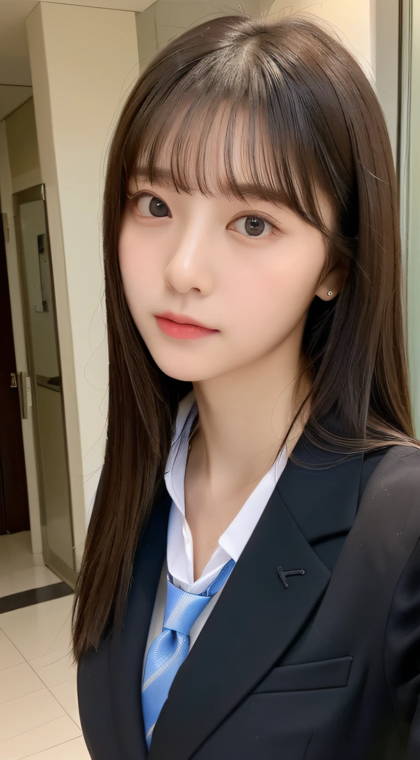 ((top-quality、8K、​masterpiece:1.5))、One girl、(Unhealthy face)、(Letter to)、Blunt bangs、(Lots of bangs:1.4)、(full body Esbian:1.4)、(Symmetrical face)、hyperdetailed face、Ultra detailed mouth、A detailed eye、Detailed ears、Slim Faces、(selfee:1.4)、(off shoulders)、(Armpit)、(Looking Up)、(From  above)、(Straight long hair、Ahoge:1.3)、(Upper Eyes)、the background is blurred、(formal suit、neck tie:1.3)、lipgloss、(hotel entrance)、(natural soft light:1.3)、