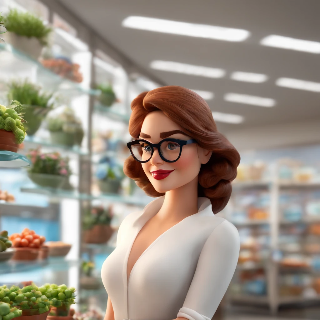 arte no estilo de senho animado 3D, estilo Disney Pixar, Eyewear Shop, fundo claro branco, Woman in glasses and white dress shirt with glasses in hand, desenho igual Disney Pixar, 3D rendering design