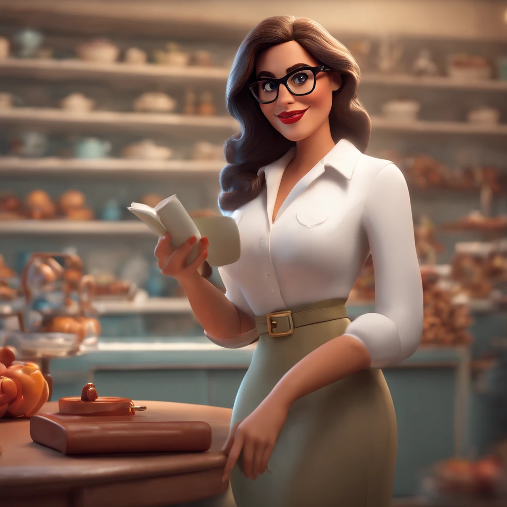 arte no estilo de senho animado 3D, estilo Disney Pixar, Eyewear Shop, fundo claro branco, Woman in glasses and white dress shirt with glasses in hand, desenho igual Disney Pixar, 3D rendering design