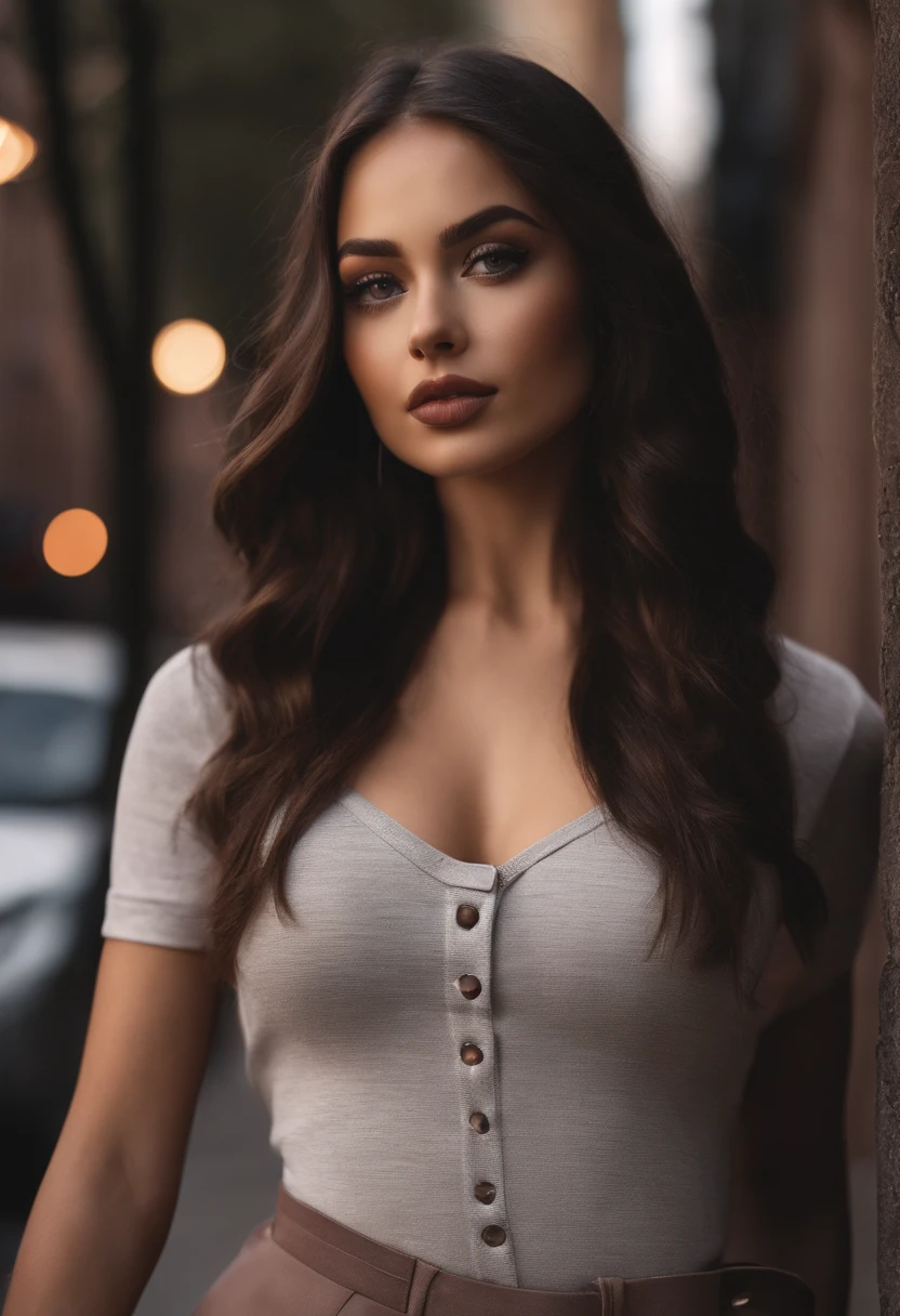 arafed woman with nice attractive sexy clothes, sexy girl with brown eyes, portrait sophie mudd, black hair and large eyes, selfie of a young woman, violet myers, with makeup, natural makeup, looking away from  the camera, face with artgram, subtle makeup, stunning upper body shot, in New york city with beautiful background the buildings , cleavage , show the cars and the people in her bed room