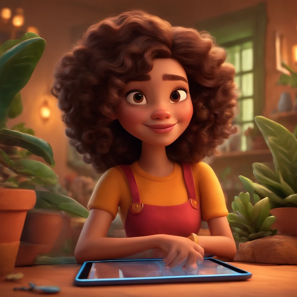 Arte no estilo desenho animado 3D, de uma social media segurando um tablet estilo disney,.Mulher da pele morena e cabelo enrolado desenho igual disney pixar
