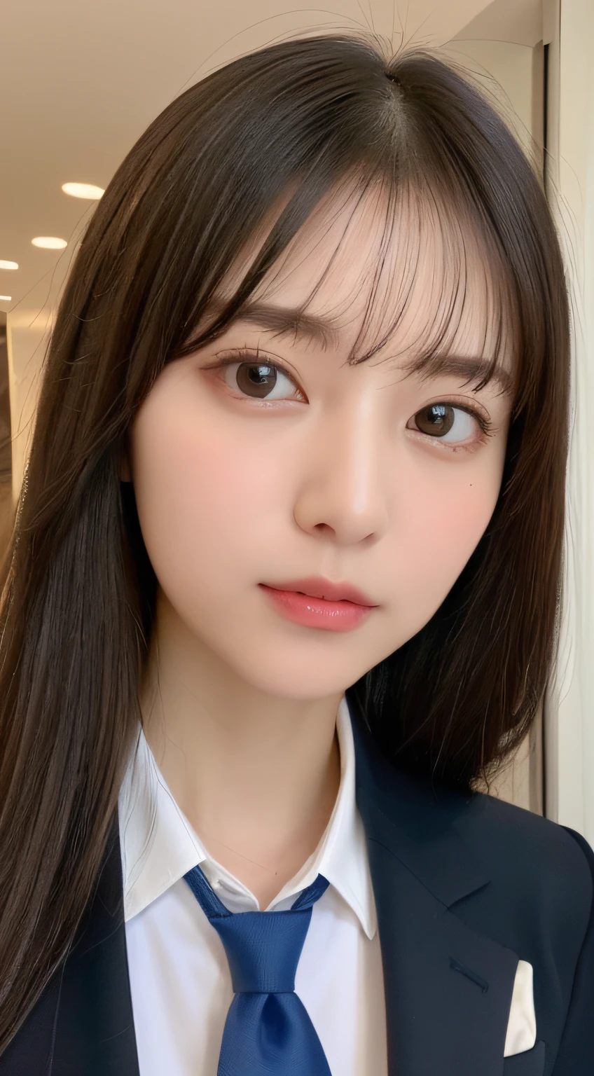 ((top-quality、8K、masterpiece:1.5))、One girl、(Unhealthy face)、(Letter to)、Blunt bangs、(Lots of bangs:1.4)、(full body Esbian:1.4)、(Symmetrical face)、hyperdetailed face、Ultra detailed mouth、A detailed eye、Detailed ears、Slim Faces、(selfee:1.4)、(off shoulders)、(Armpit)、(Looking Up)、(From above)、(Straight long hair、Ahoge:1.3)、(Upper Eyes)、the background is blurred、(formal suit、neck tie:1.3)、lipgloss、(hotel entrance)、(natural soft light:1.3)、