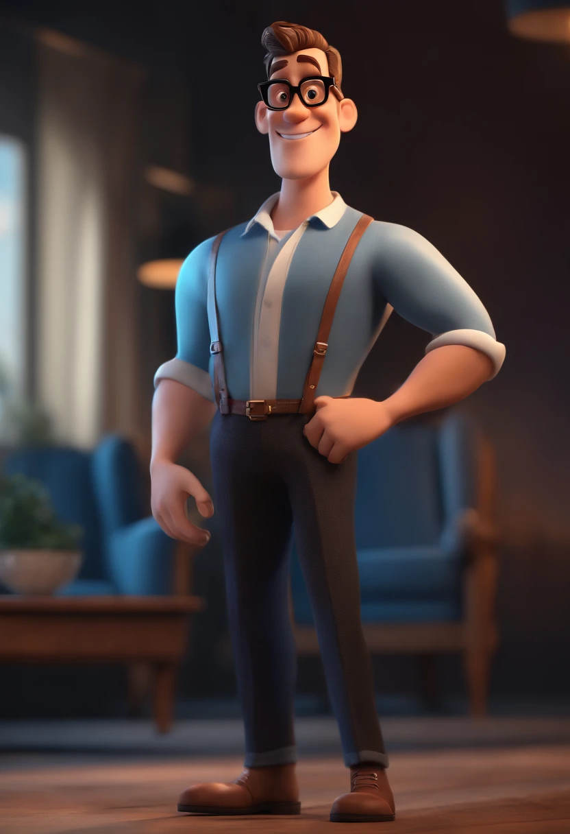 Cartoon character of a man with black glasses and a blue shirt, animation character, Caractere estilizado, animation style rendering, 3D estilizado, Arnold Maya render, 3 d render stylized, toon render keyshot, Personagem 3D, Personagem 3D, 3d rendering stylized, 3 d character render, personagem de desenho animado, Personagem de close up, Pose de personagem,  (Estilo Pixar) (master part:1.2) (Bokeh) (best quality) (pele detalhada) (textura detalhada) (8k) (argila) (Cinematic lighting) (foco nítido