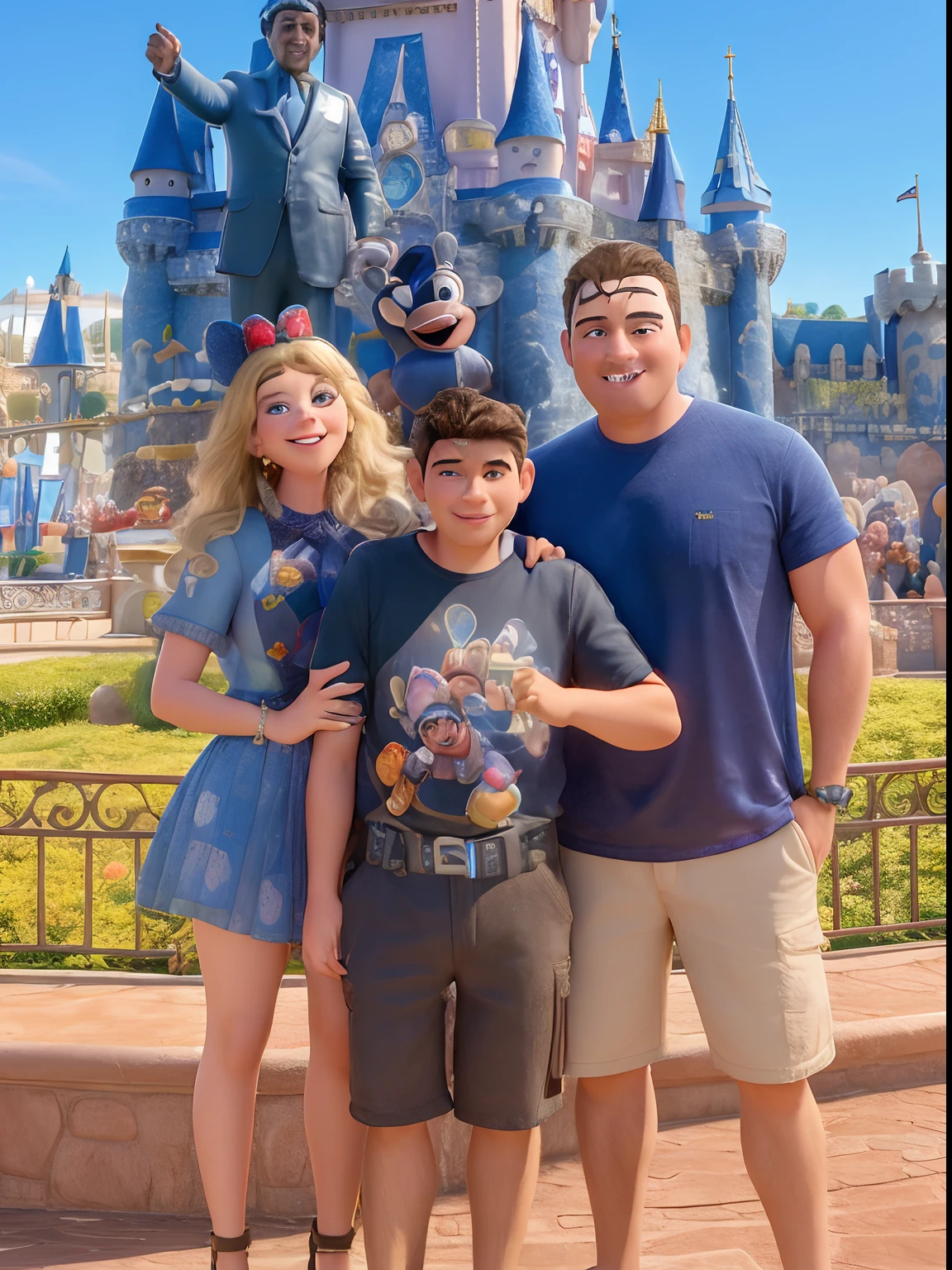Arafed family posing in front of a castle with a statue of Walt, Mundo Disney, magical realm, Walt Disney Mundo, disneyland as backdrop, background is disneyland castle, marido esposa e filho, EUA-Set 20, Terra da Disney, Disneyland, disney 8 k foto, castelo no fundo, vacation photo, na CaliFornia Aventura, castelo no fundo, na Disney