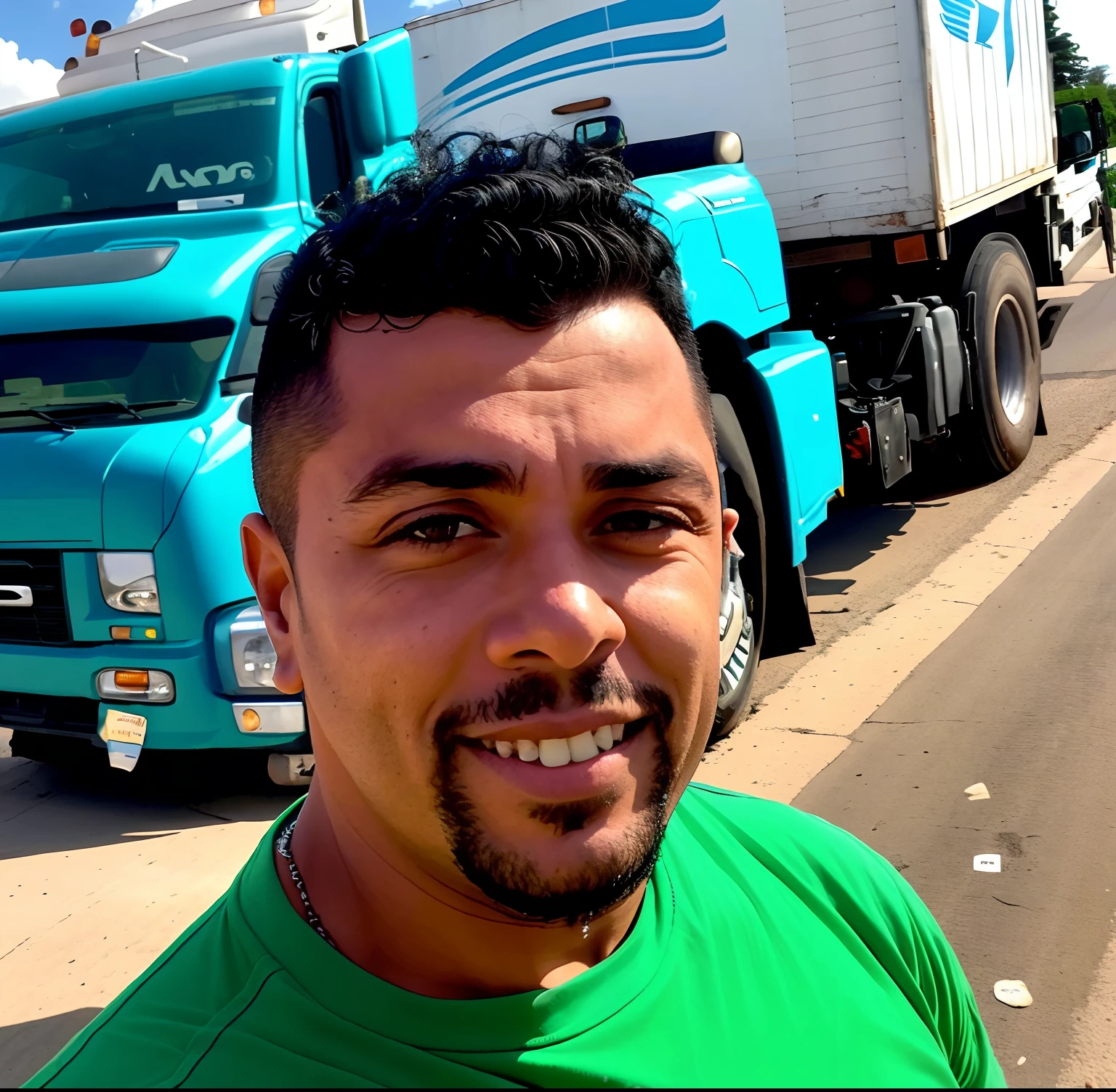 Araf truck driver in front of a blue truck with a green shirt, Eloy Morales, david rios ferreira, Ronaldo Luis Nazario de Lima, Ronaldo Nazario Fenomeno, imagem frontal, victor maristane, imagem de perfil, Jose Miguel Romano Francisca, adreas rocha, Emad Mostaque, Edon Guraziu