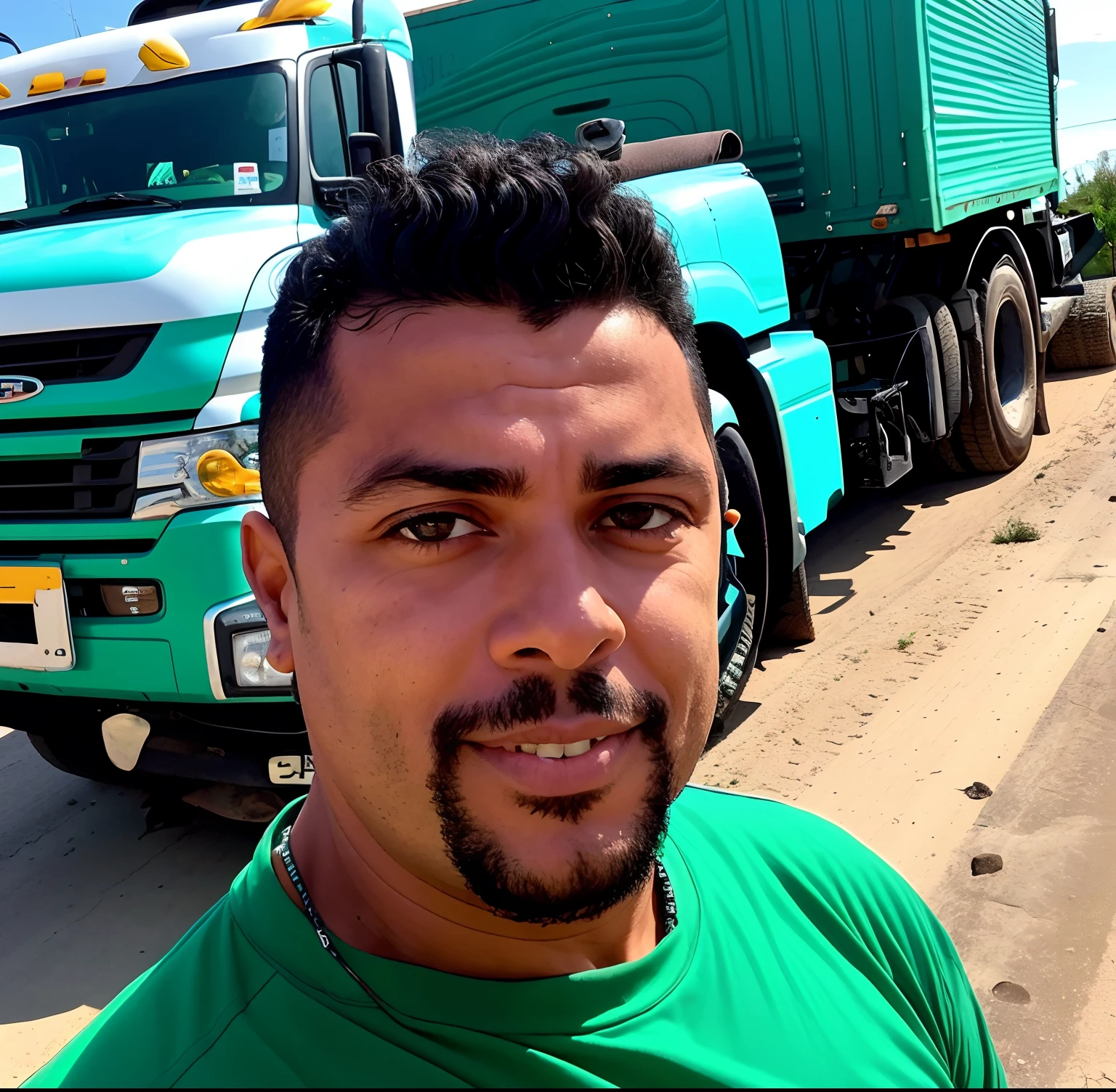 Araf truck driver in front of a blue truck with a green shirt, Eloy Morales, david rios ferreira, Ronaldo Luis Nazario de Lima, Ronaldo Nazario Fenomeno, imagem frontal, victor maristane, imagem de perfil, Jose Miguel Romano Francisca, adreas rocha, Emad Mostaque, Edon Guraziu