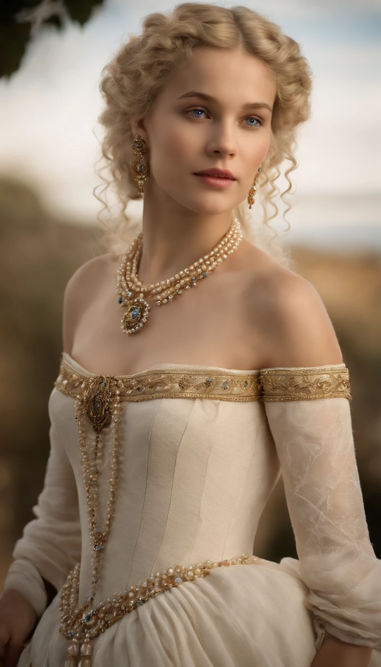 Imagem de um menino Valois, a young French courtesan of the sixteenth century of the thirteenth century, de 16 anos, com sua beleza e charme . Blonde with white hair and beautiful expressive blue curly eyes with small strands and braids. She is dressed in an exquisite dress with white details with pearls and gold, com um decote mergulhante. Joias finas, colar com muitas perolas e safiras, brincos de perolas e aneis em seus dedos. (melhor qualidade,ultra-realistic:1.2),A high resolution ,ultra-detalhado,