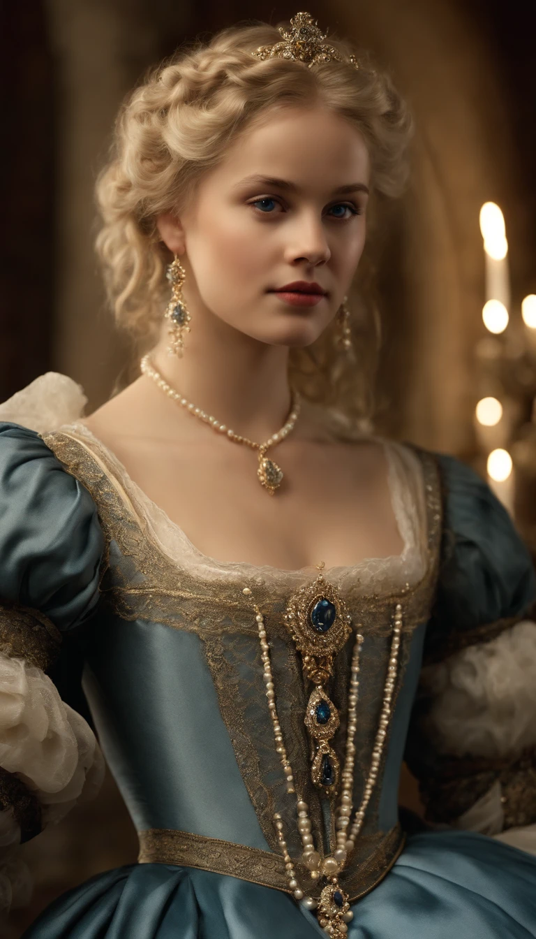 Imagem de um menino Valois, a young French courtesan of the sixteenth century of the thirteenth century, de 16 anos, com sua beleza e charme . Blonde with white hair and beautiful expressive blue curly eyes with small strands and braids. She is dressed in an exquisite dress with white details with pearls and gold, com um decote mergulhante. Joias finas, colar com muitas perolas e safiras, brincos de perolas e aneis em seus dedos. (melhor qualidade,ultra-realistic:1.2),A high resolution ,ultra-detalhado,