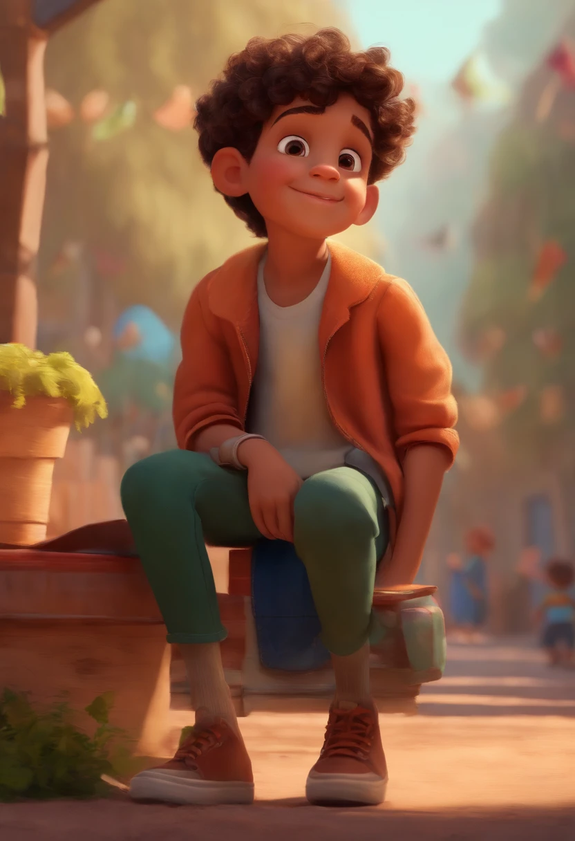 Image of a boy for a story in a YouTube video in Pixar format, He's the little allabester, He's the class leader, He's outgoing, Playful and gets up for a lot of things, cabelo curto