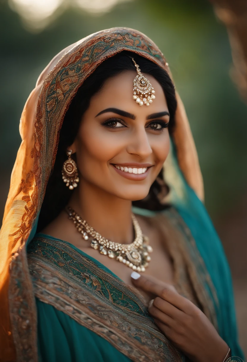Soft lighting illuminates a beautiful Moroccan woman who is incredibly detailed and ultra-realistic, olhar para a praia, longos cabelos vermelhos e ventosos, olhos verdes claros, sorriso perfeito cativante, sensual, mulher quente, gorgeous