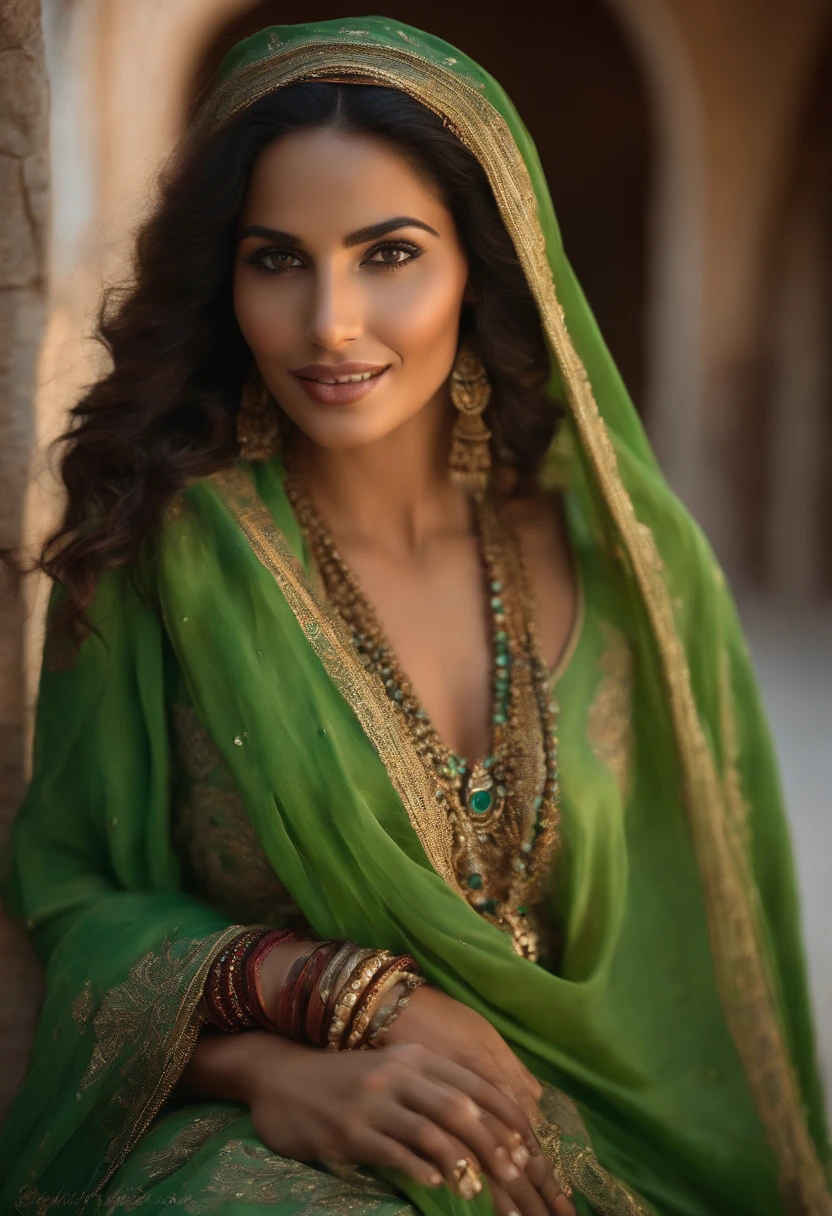 Soft lighting illuminates a beautiful Moroccan woman who is incredibly detailed and ultra-realistic, olhar para a praia, longos cabelos vermelhos e ventosos, olhos verdes claros, sorriso perfeito cativante, sensual, mulher quente, gorgeous