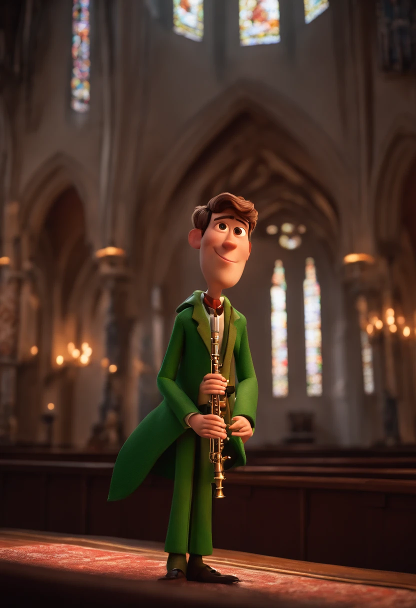 Homem,25 anos , loiro,branco , olhos verdes,terno preto , na igreja , Holding an Oboe , estilo Pixar animado 3D