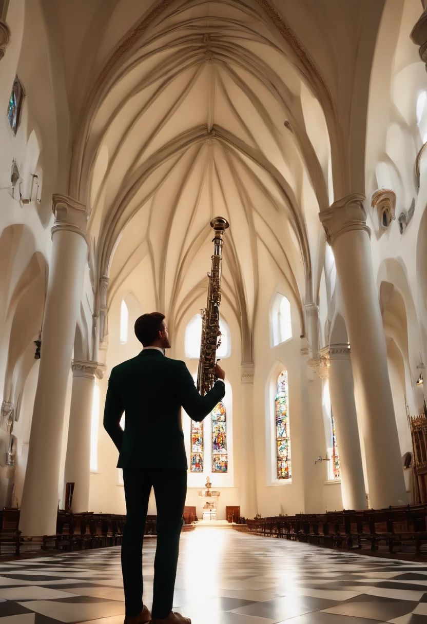 Homem,25 anos , loiro,branco , olhos verdes,terno preto , na igreja , Holding an Oboe , estilo Pixar animado 3D