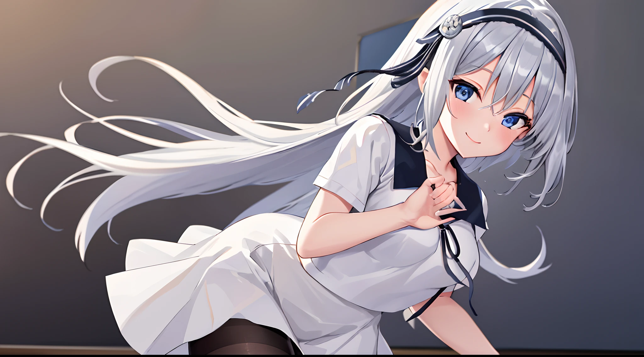 masterpiece,best quality, highres, kei1, 1girl, solo, blue eyes, long hair, white dress, short sleeves, ribbon, bangs, collarbone, grey hair, whte skirt, black hairband, black pantyhose, neck ribbon, hair between eyes, medium breasts, sailor collar, shoes, cowboy shot, smile, standing,
