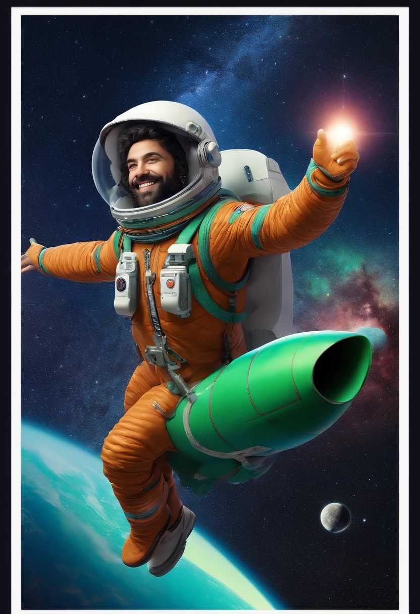 personagem masculino, barba baixa, cabelo curto enrolado, Riding a rocket taking flight in the Milky Way, feliz, victory pose, roupa de astronauta azul e verde neon, estilo Pixar 3d