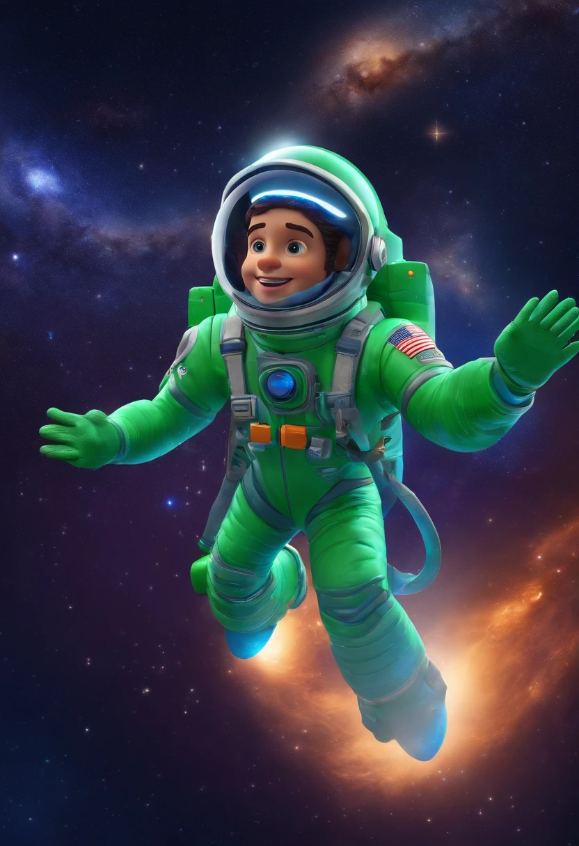 personagem masculino, barba baixa, cabelo curto enrolado, Riding a rocket taking flight in the Milky Way, feliz, victory pose, roupa de astronauta azul e verde neon, estilo Pixar 3d