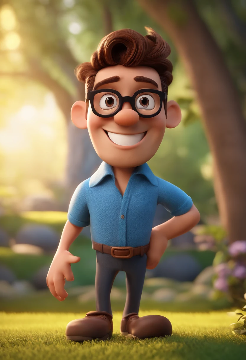 Cartoon character of a man with black glasses and a blue shirt, animation character, Caractere estilizado, animation style rendering, 3D estilizado, Arnold Maya render, 3 d render stylized, toon render keyshot, Personagem 3D, Personagem 3D, 3d rendering stylized, 3 d character render, personagem de desenho animado, Personagem de close up, Pose de personagem, (Estilo Pixar) (master part:1.2) (Bokeh) (best quality) (pele detalhada) (textura detalhada) (8k) (argila) (Cinematic lighting) (foco nítido