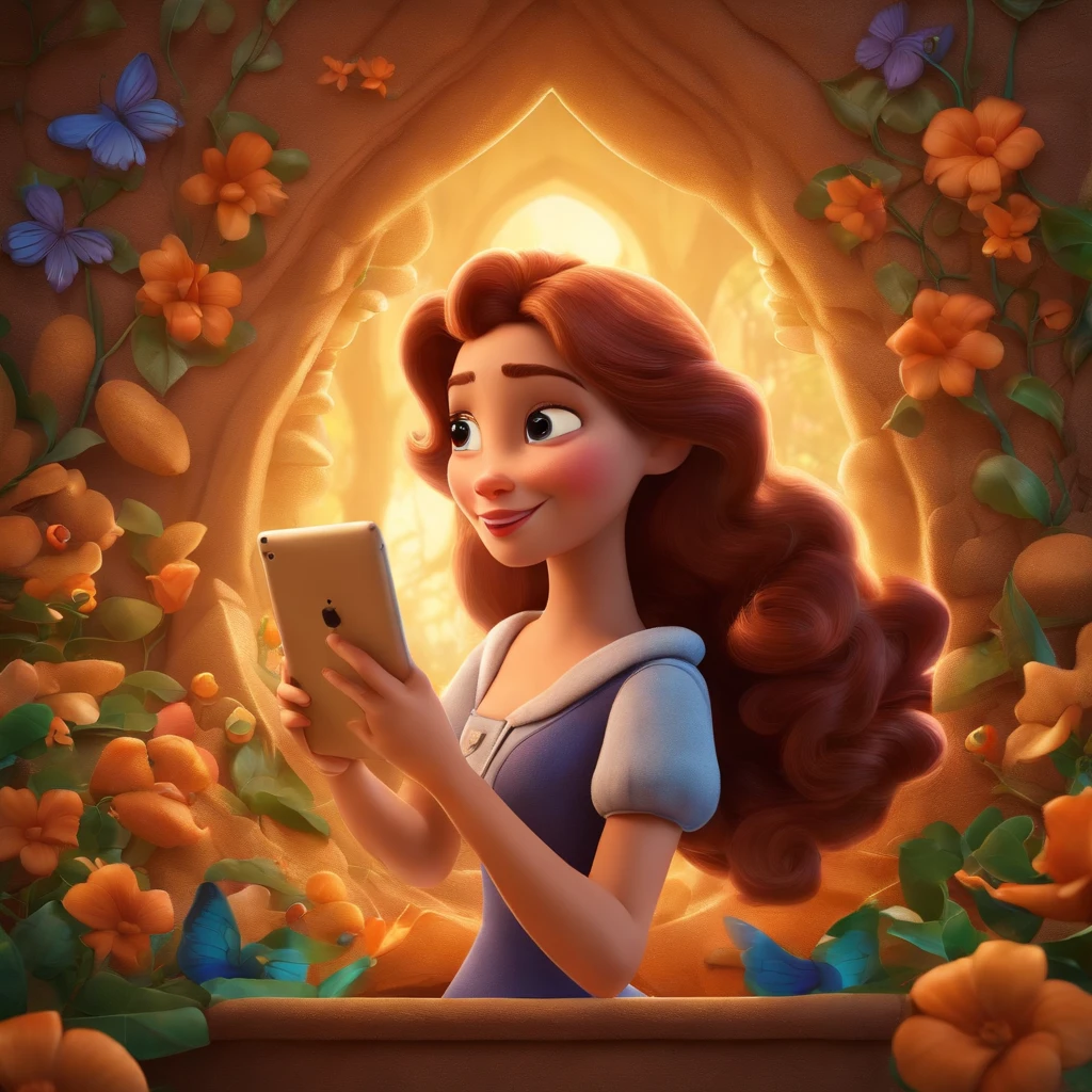 Arte no estilo desenho animado 3D, de uma social media segurando um tablet estilo disney,.Mulher da pele morena e cabelo enrolado desenho igual disney pixar com a logo disney pixar