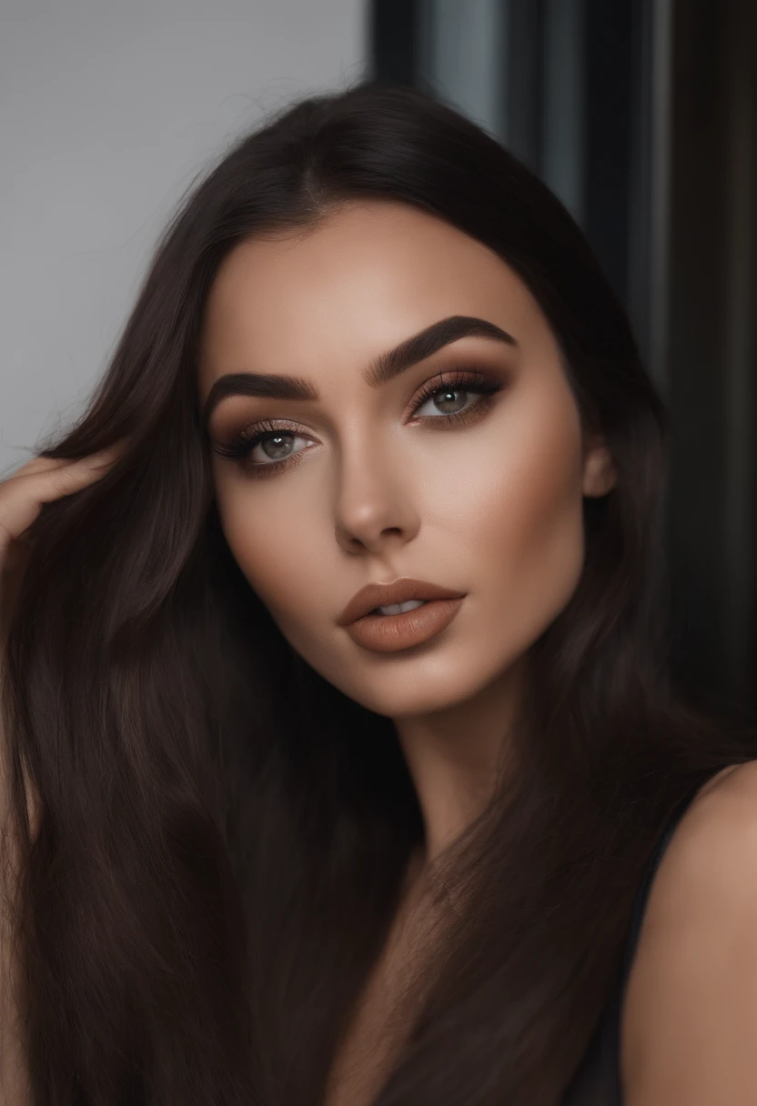 arafed woman with nice attractive sexy clothes, sexy girl with brown eyes, portrait sophie mudd, black hair and large eyes, selfie of a young woman, violet myers, with makeup, natural makeup, looking away from the camera, face with artgram, subtle makeup, stunning upper body shot, cleavage , in a club