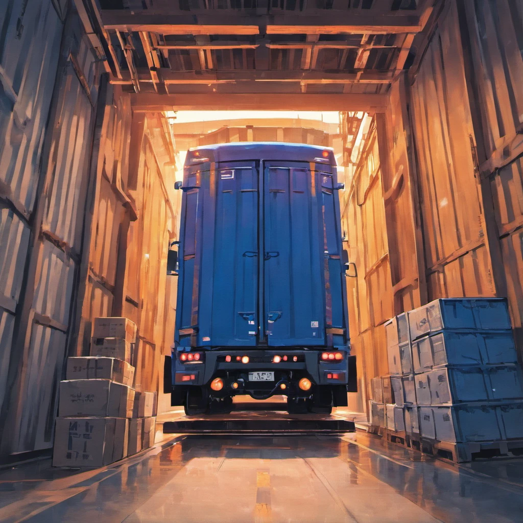 Right forklift with boxes, Upstairs is a cargo plane, Right rear view of open truck container doors, where the boxes are visible, Abstract map on the background of the picture, All in dark blue orange tones