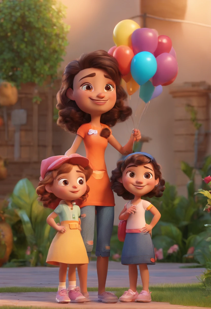 Estilo Pixar: Familia, Um pai, A mother and two girls. Uma de 6 anos e outro de 2 anos . Uma fazenda com vacas lindas e marrom .