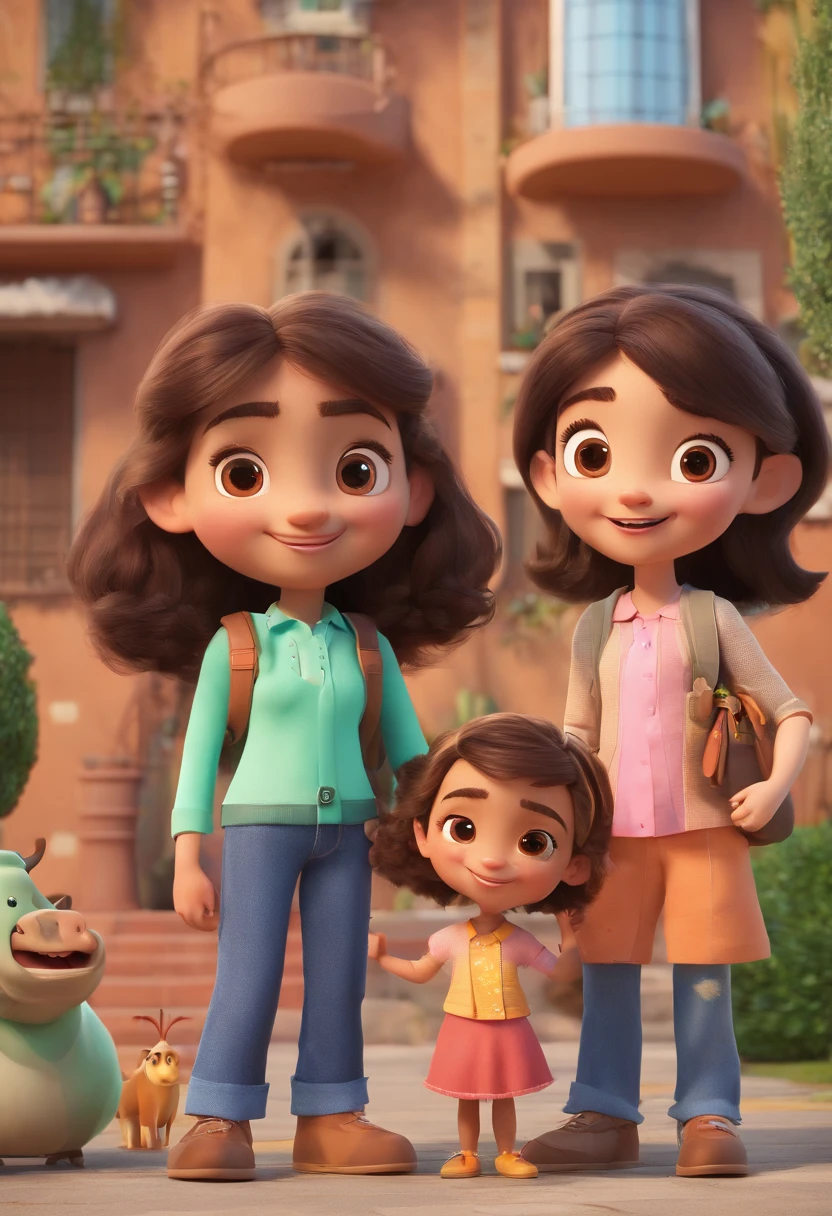 Estilo Pixar: Familia, Um pai, A mother and two girls. Uma menino de 6 anos e outro de 2 anos . Uma fazenda com vacas lindas e marrom .