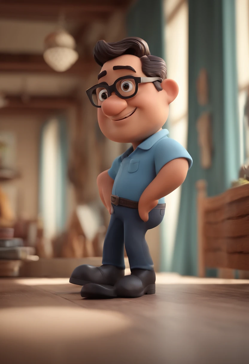 Cartoon character of a man with black glasses and a blue shirt, animation character, Caractere estilizado, animation style rendering, 3D estilizado, Arnold Maya render, 3 d render stylized, toon render keyshot, Personagem 3D, Personagem 3D, 3d rendering stylized, 3 d character render, personagem de desenho animado, Personagem de close up, Pose de personagem, (Estilo Pixar) (master part:1.2) (Bokeh) (best quality) (pele detalhada) (textura detalhada) (8k) (argila) (Cinematic lighting) (foco nítido