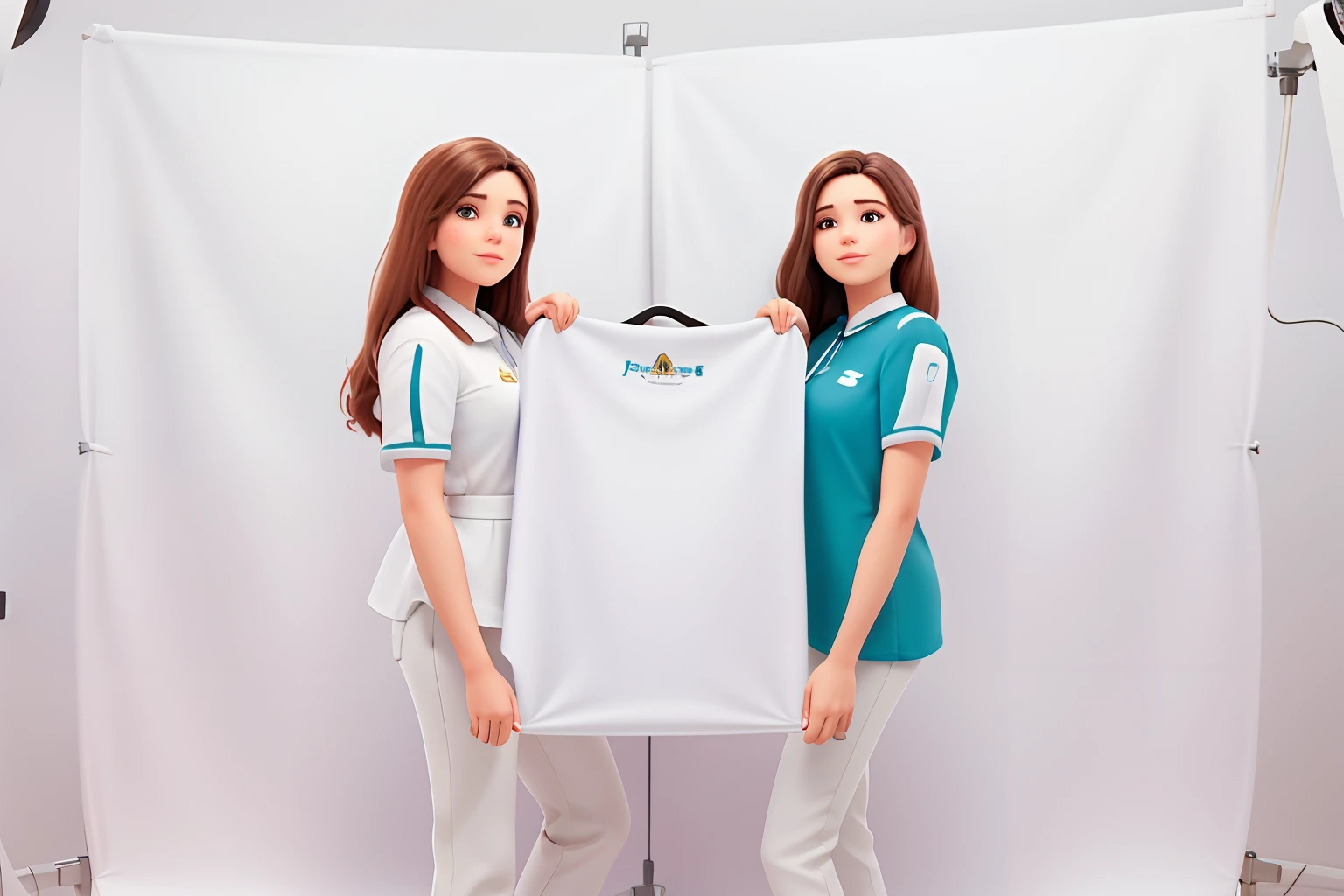 duas mulheres segurando um quadro branco em frente a sala de aula, Women are wearing white blouse and wearing navy blue pants, fotografia promocional, photoshoot promocional, fundo branco!!!!!!!!!!, na frente do fundo branco, advertising photo, uniforme branco, 'fundo branco'!!!, Promocional, foto oficial do produto, fundo branco, imagens promocionais, foto de alta qualidade, imagem promocional, com um fundo branco, retrato promocional, product introduction photo