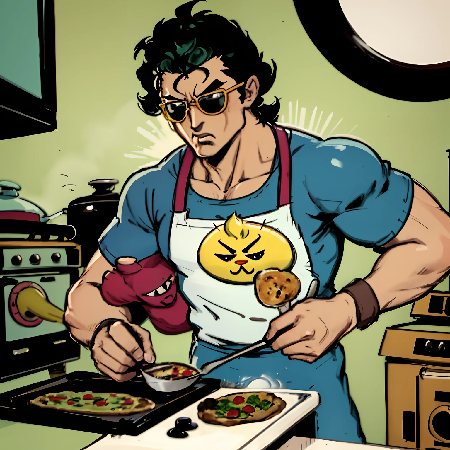arafed man in an apron cooking a pizza in a kitchen, hylics artwork, cliff chiang, ( art fitzpatrick ), cooking it up, buttercup eating pizza, joseph joestar, akira toriyama style, catman, cooking, pichacu cooks a squid, jjba, dio brando, john romita senior, portrait of jughead jones, rebecca sugar