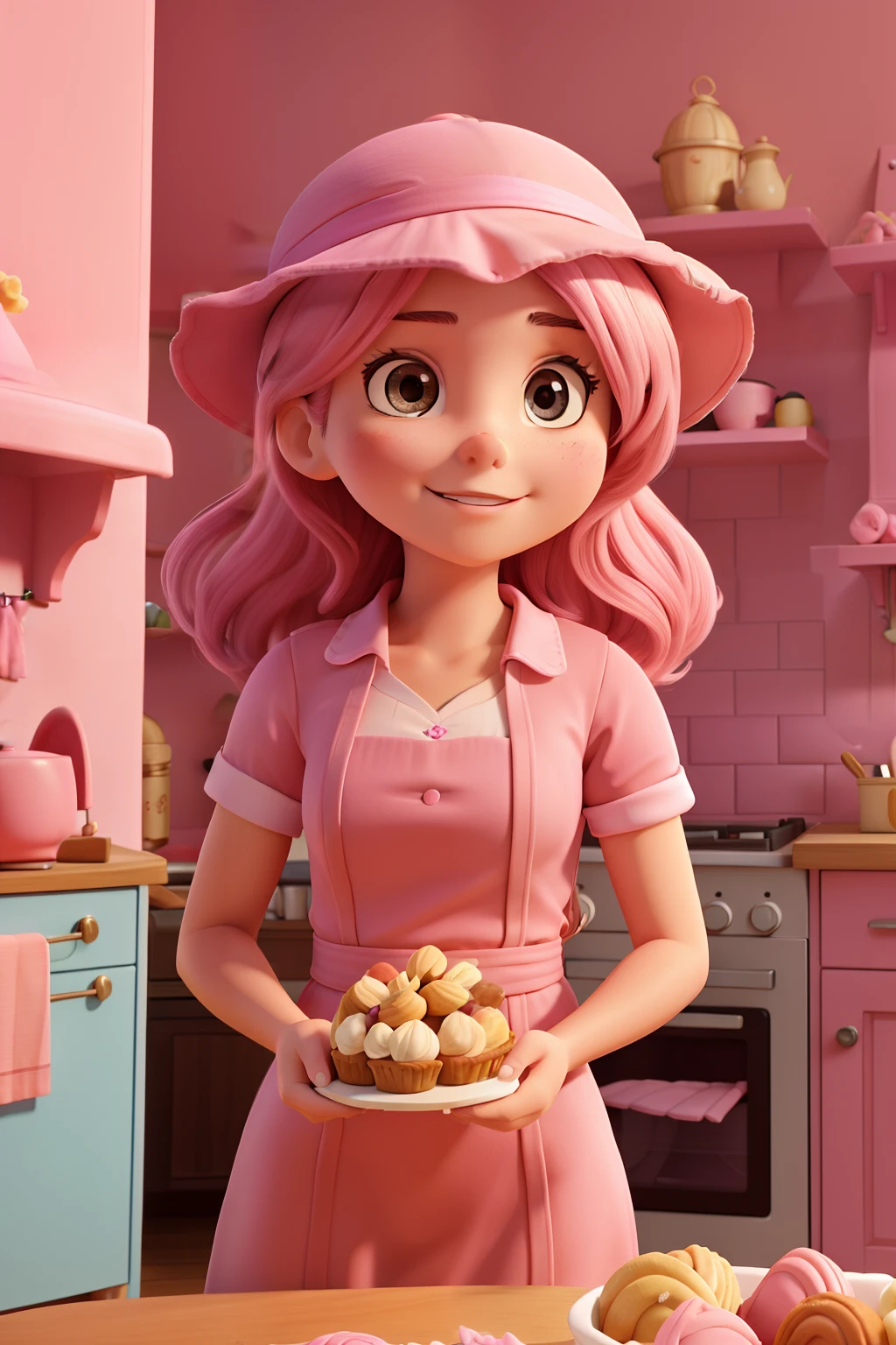 Cabelos castanhos escuros, decote. 18-year-old woman in pink pastry hat holding a valley inside a pink kitchen full of candy