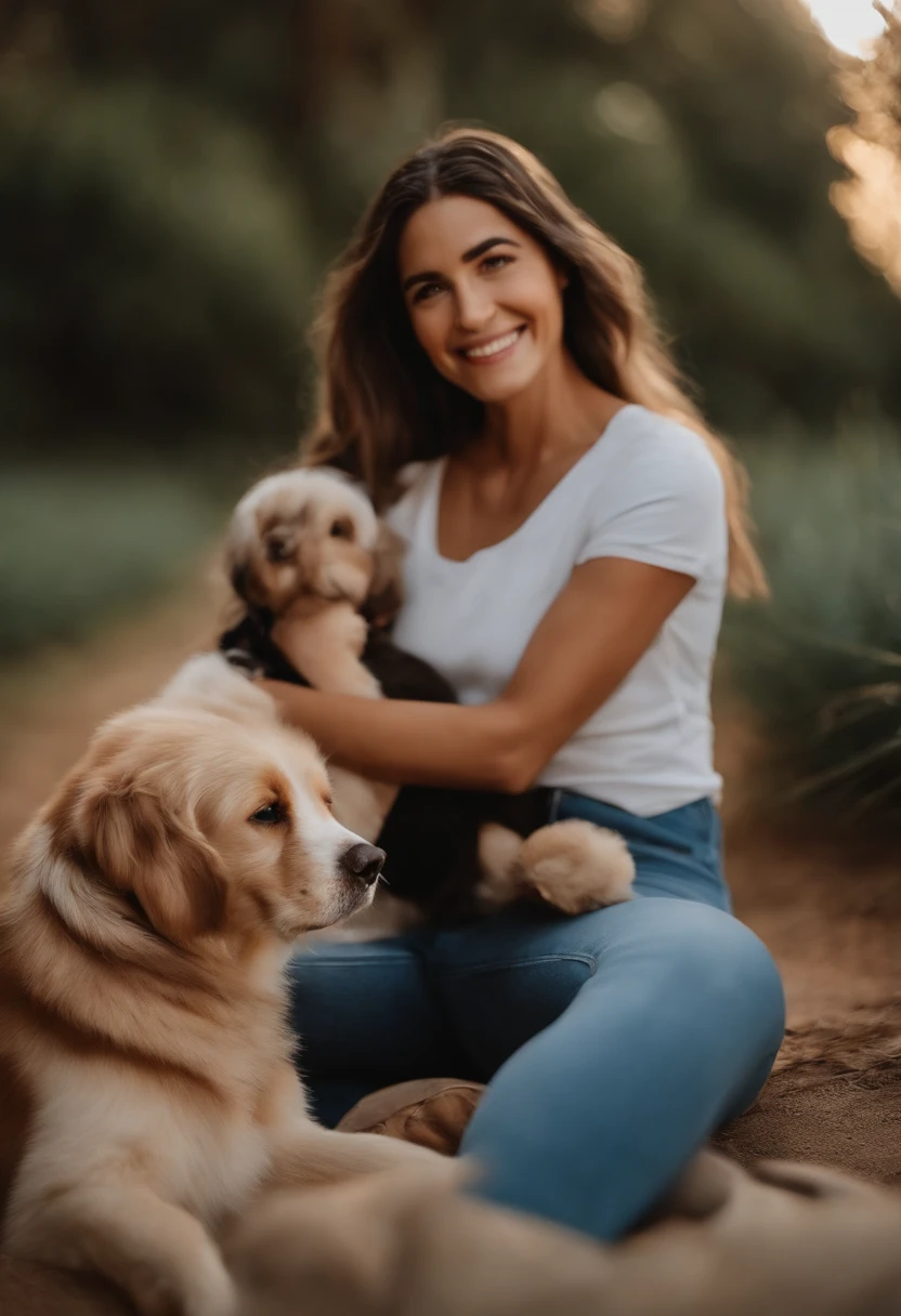 Pixar. Pai e filha com um filhote de cachorro ponsky caramelo.  A menina tem os cabelos loiros e cacheados, Camiseta azul clara e jeans claro. O homem de cabelos castanhos lisos, barba pequena, white t-shirt and black pants. The two of them are smiling. The girl is on his lap and they both hug the dog. Ele tem 40 anos e a menina tem 6.