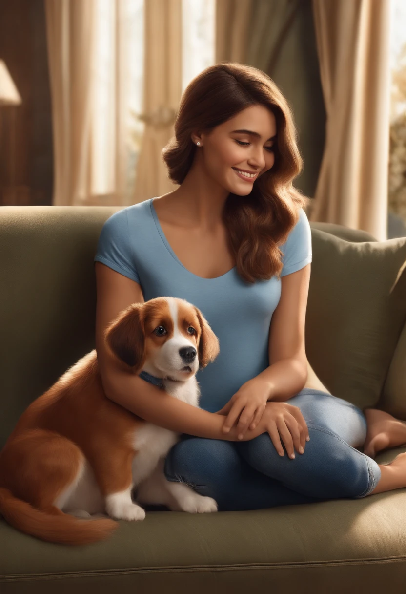 Pixar. Pai e filha com um filhote de cachorro ponsky caramelo. A tem os cabelos loiros e cacheados, Camiseta azul clara e jeans claro. O homem de cabelos castanhos lisos, barba pequena, white t-shirt and black pants. The two of them are smiling. The girl is on his lap and they both hug the dog. Ele tem 40 anos e a menina.