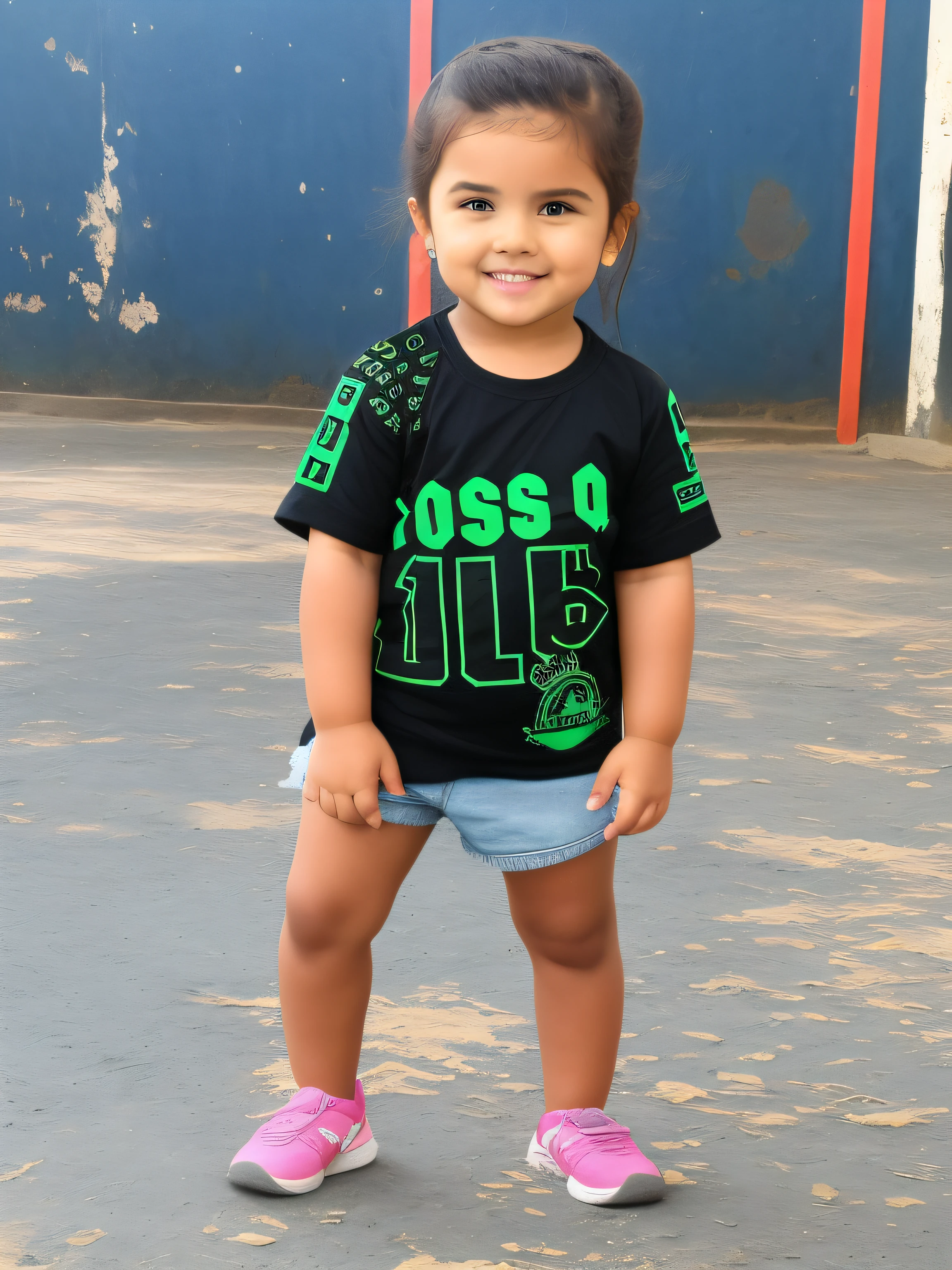 There's a girl who's standing straight and, verde e preto, corpo inteiro, 4 anos de idade, , varredura de alta qualidade,