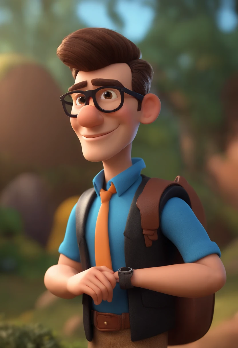 Cartoon character of a man wearing black glasses and a blue shirt, um personagem animado, Caractere estilizado, animation style rendering, 3D estilizado, Arnold Maya render, 3 d render stylized, toon render keyshot, Personagem 3D, Personagem 3D, 3d rendering stylized, 3 d character render, personagem de desenho animado, Personagem de close up, Pose de personagem, (Estilo Pixar) (master part:1.2) (Bokeh) (best quality) (pele detalhada) (textura detalhada) (8k) (argila) (Cinematic lighting) (foco nítido,Senta e vaza a parte superior do corpo