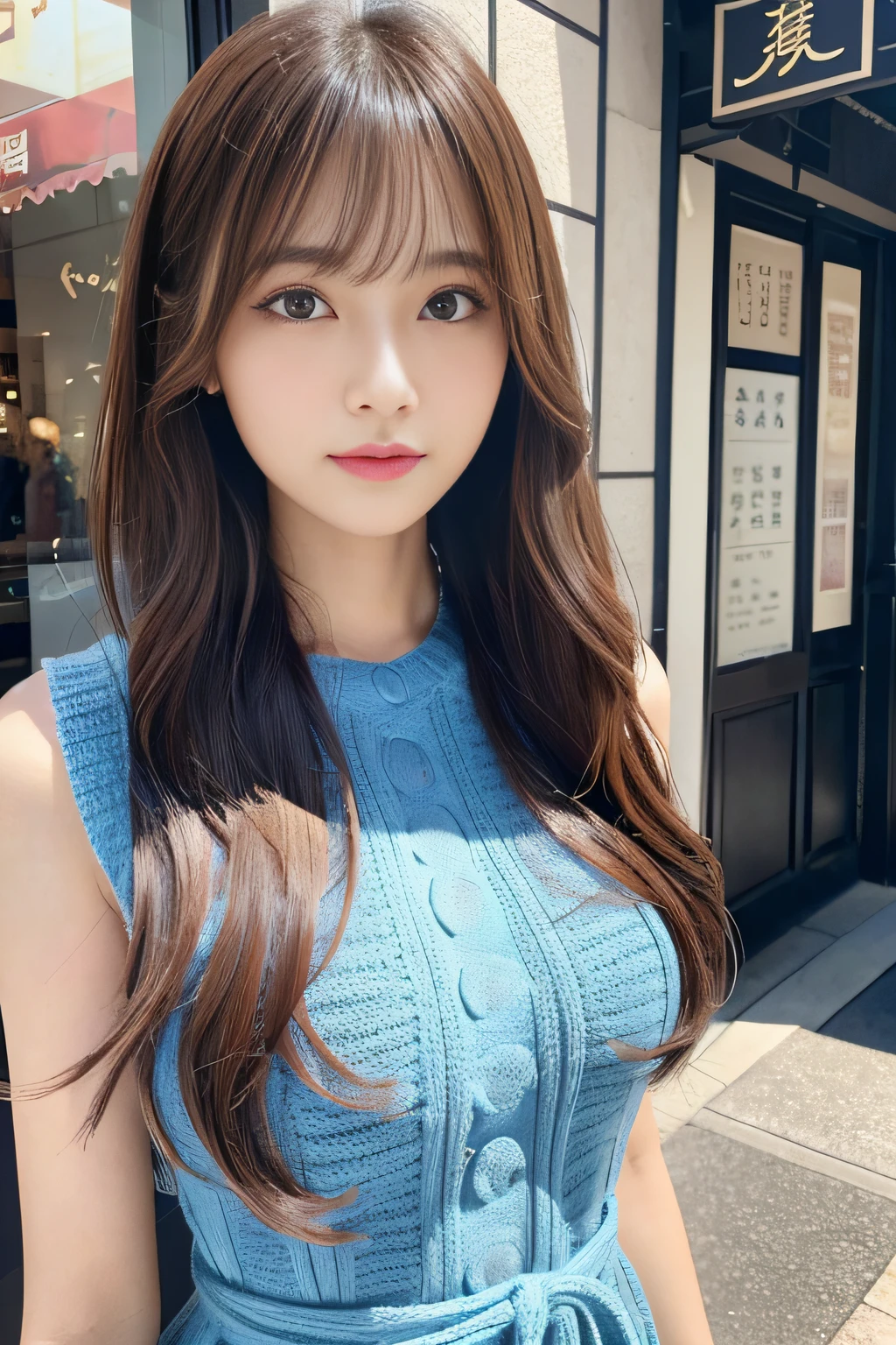 ​masterpiece、1 beautiful girl、A detailed eye、Puffy eyes、top-quality, 超A high resolution, (Realisticity: 1.4), cinematlic lighting、japanes、Asian Beauty、Super beauty、Beautiful skin、A slender、The body is facing forward、(A hyper-realistic)、(hight resolution)、(8K)、(ighly detailed)、(beautifully detailed eyes)、(ultra-detailliert)、 (wall-paper)、A detailed face、Bright lighting、profetional lighting、looking at viewert、Facing straight ahead、(The costume is a knitted dress)、Long hair, hair messy, asymmetrical bangs, 、nighttime scene、Brown hair、Japan idle、韓国アイドル、hposing Gravure Idol、女優、age19、tall,