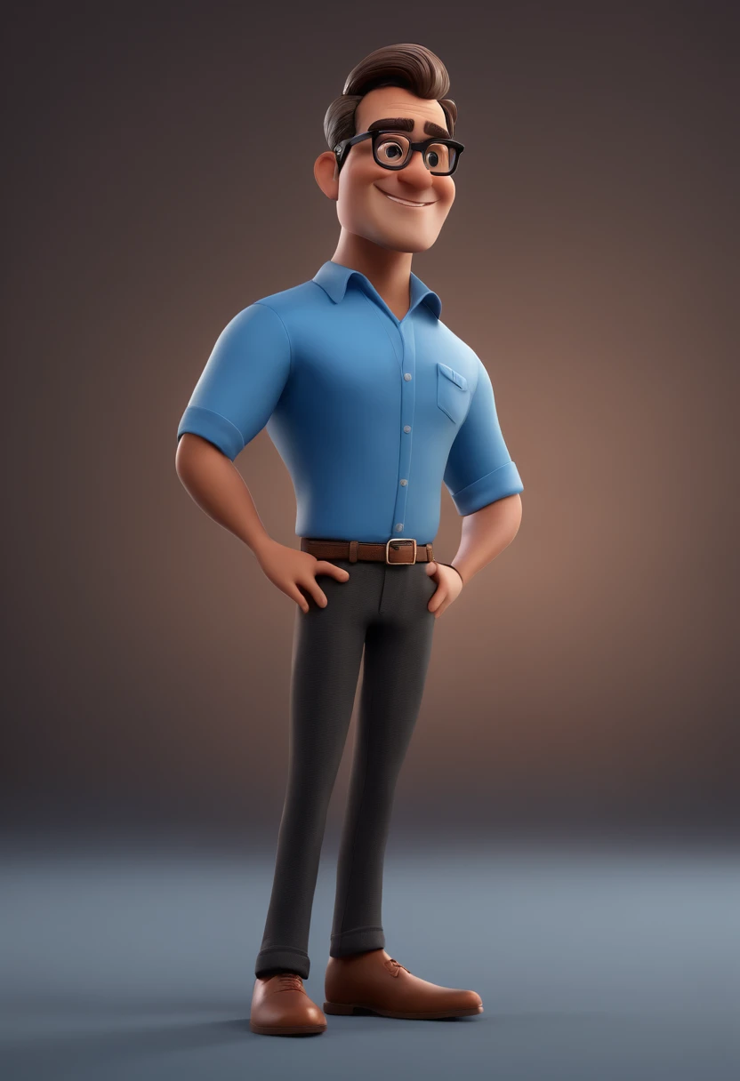 Cartoon character of a man with black glasses and a blue shirt, animation character, Caractere estilizado, animation style rendering, 3D estilizado, Arnold Maya render, 3 d render stylized, toon render keyshot, Personagem 3D, Personagem 3D, 3d rendering stylized, 3 d character render, personagem de desenho animado, Personagem de close up, Pose de personagem, (Estilo Pixar) (master part:1.2) (Bokeh) (best quality) (pele detalhada) (textura detalhada) (8k) (argila) (Cinematic lighting) (foco nítido