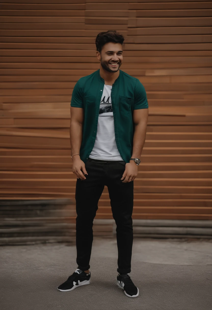 Um baixo, com cabelo liso e cortado, with São Paulo t-shirt, Happy after leaving class, sorriso, black pant