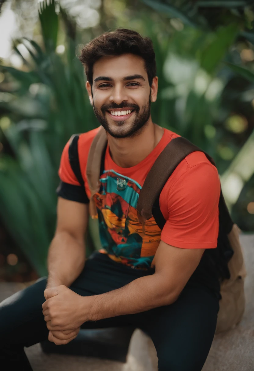 Um menino baixo, com cabelo liso e cortado, with São Paulo t-shirt, Happy after leaving class, sorriso, black pant
